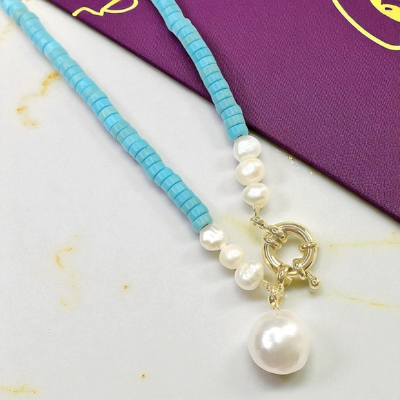 🆕Turquoise & Freshwater Pearls Beaded Necklace | 14K Gold Accents | Trendy Chic - Picture 5 of 13